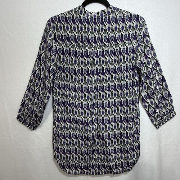 Amanda Uprichard Peacock Feather 100% Silk Split Neck Popover Blouse Top Size S - Picture 2 of 7